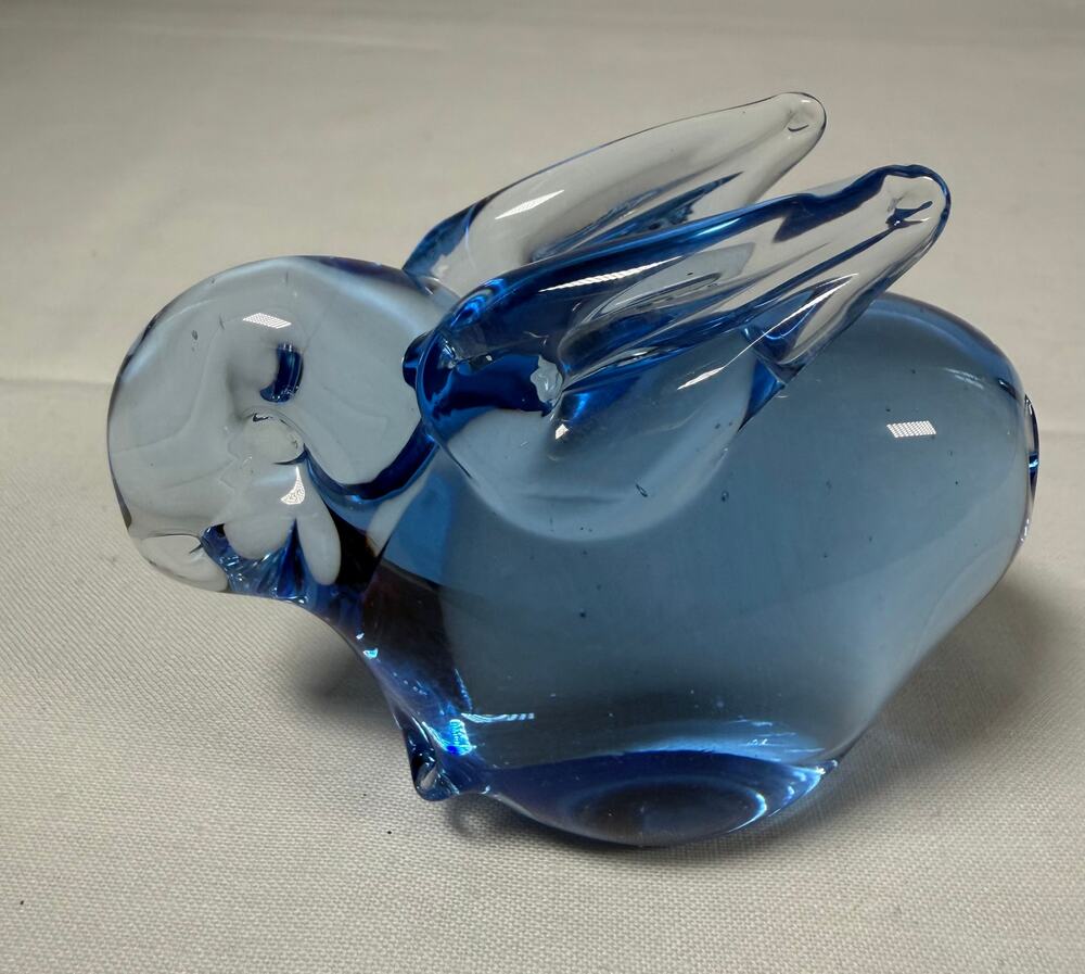 Vintage 1980s Blue Glass Rabbit Paperweight Hand Blown Art Glass Bunny